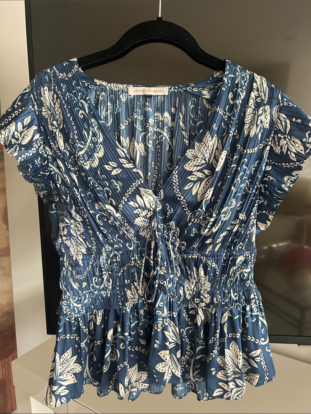 Blue Floral V-Neck Peplum Blouse by ASTR the Label